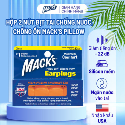Hộp 2 Nút Bịt Tai Chống Nước, Chống Ồn Mack's Pillow Soft Chất Silicon Mềm Cho Bơi Lội, Ngủ Ngon Nhập Khẩu Mỹ