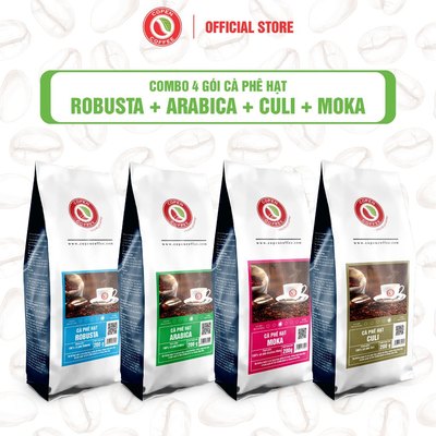 COMBO 4 GÓI Cà phê hạt (Robusta + Arabica + Culi + Moka) 200g/gói - Pha máy/Pha phin - Copen Coffee