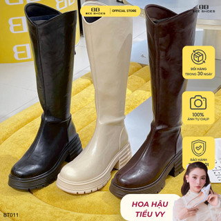  Boot đùi nữ BEESHOES da lì bốt mũi tròn đế vuông cao 6 phân sẵn màu nâu - kem - đen BT011  Form 1.5  