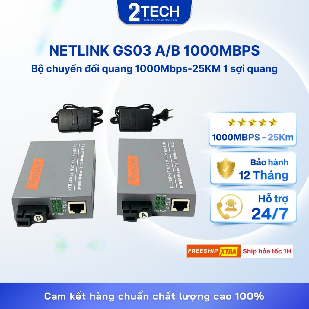 [COMBO] Bộ chuyển đổi quang, Converter quang NetLink GS03 A/B 1000Mbps-25KM 1 sợi quang, BH 12 Tháng