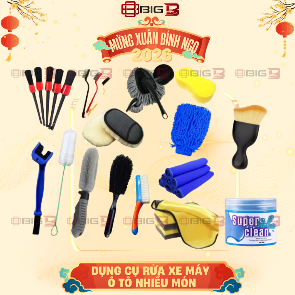 Dụng Cụ Rửa Xe Máy Ô Tô Nhiều Món Găng Tay, Bộ 5 Cọ Rửa, Chổi cọ Vành Lazang, Khăn Lau, Bàn Chải Sên ,Mút, Gel VS BIGB