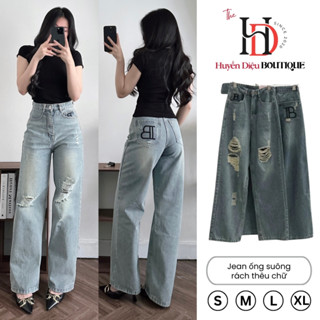  Quần jean nữ ống suông Bigsize ống rộng dày dặn form rách đùi thêu chữ B dài 103cm  S-XL  J788 HD Boutique 