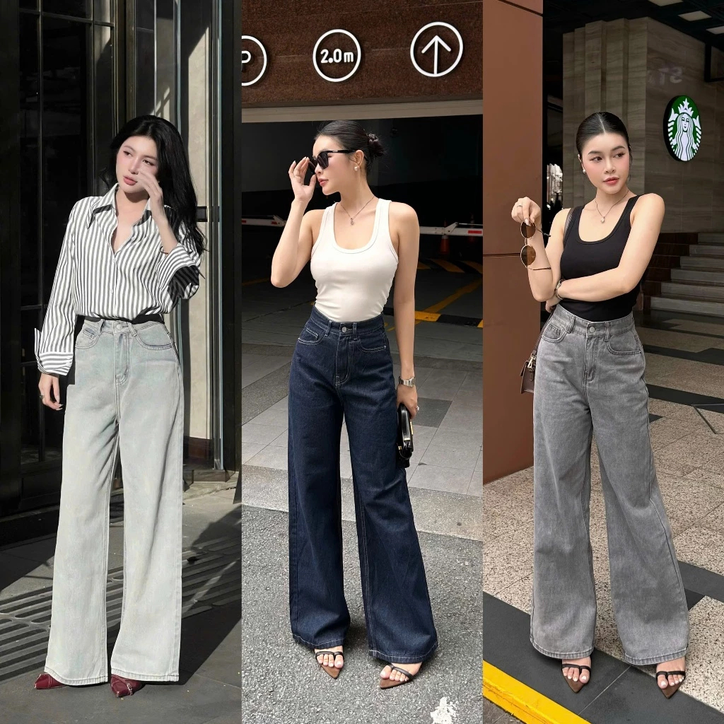 MINA  - Quần Jeans Nữ Lưng Cao Ống Suông Rộng Xanh Vibe Wash Smoke Basic Nhiều Màu Chất Jean Mềm For