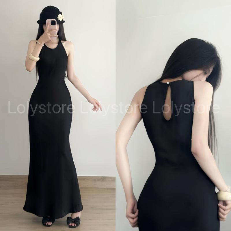 Đầm body nữ lụa TÔ CHÂU CAO CẤP thiết kế kiểu đơn cổ tròn cài nút form trơn ôm đuôi cá xoè  Lolystore NH458 | BigBuy360 - bigbuy360.vn