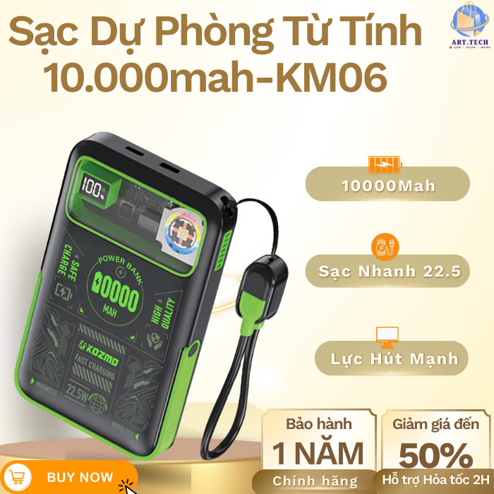 Pin Sạc Dự Phòng Không Dây Kozmo KM06 - 10000mAh Sạc Nhanh 22.5W, Tích hợp 2 dây Sẵn và Giá Đỡ|