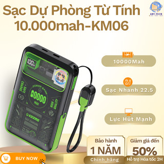 Pin Sạc Dự Phòng Không Dây Kozmo KM06 - 10000mAh Sạc Nhanh 22.5W, Tích hợp 2 dây Sẵn và Giá Đỡ|