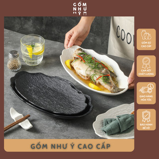 Đĩa sứ bầu dục viền sóng phun men nhám phong cách Bắc Âu, sứ dày dặn, chịu nhiệt, an toàn, decor món