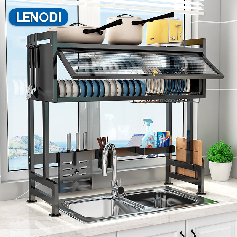 Kệ Để Chén Đĩa INOX Có Nắp Đậy Thông Minh Trên Bồn Rửa Bát, Kệ Tủ Nhà Bếp 2 Tầng