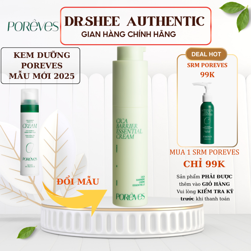 Kem dưỡng POREVES CICA BARRIER ESSENTIAL CREAM chứa Phức hợp Prebiotic và Ceramide phục hồi da