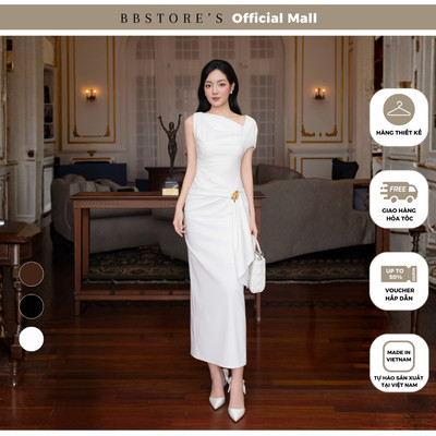 BBSTORE'S Đầm Body Tiệc Thun Dài Dáng Suông Cổ Xéo Bất Đối Xứng (kèm tag cài) - D4585B