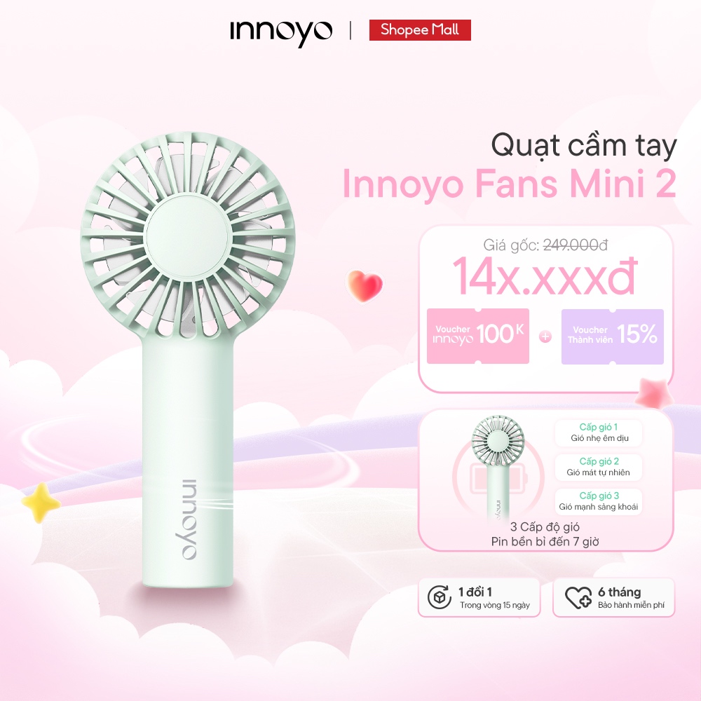 Quạt mini cầm tay Innoyo - 3 cấp độ gió, động cơ êm ái, pin bền bỉ đến 7 giờ - Bảo hành 6 tháng