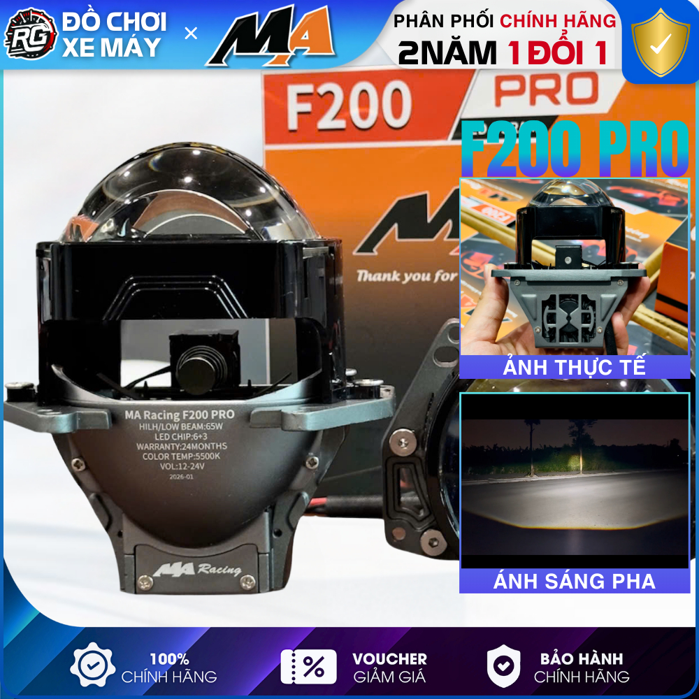 Đèn Bi Cầu F200 Pro MA RACING Lens Vuông, Bi Cầu Led 65W F200 Siêu Sáng 12-24v Bảo Hành 24 Tháng
