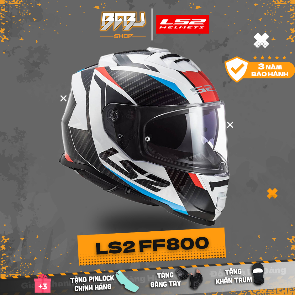 [Tặng Pinlock] Mũ Fullface 2 Kính LS2 FF800 Racer Màu Trắng Xanh Đỏ Carbon