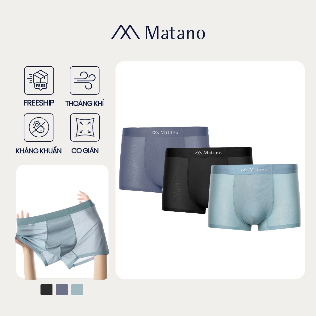 COMBO 3 Quần Boxer Nam Lụa Băng Thông Hơi Matano QL066 thông thoáng, mềm mại, co giản, kháng khuẩn, 