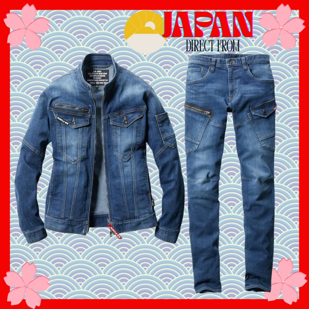 【Direct from Japan】BURTLE 5011 & 5012 Workwear Set Spring Summer Jacket & Cargo Pants Unisex Indigo 