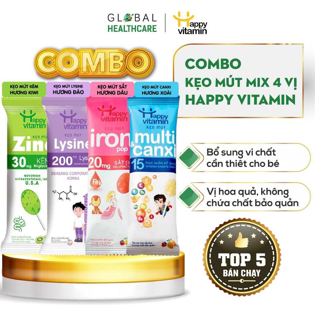 Set mix vị 4 cây kẹo mút Happy Vitamin bổ sung Canxi, Sắt, Kẽm, Lysine cho bé