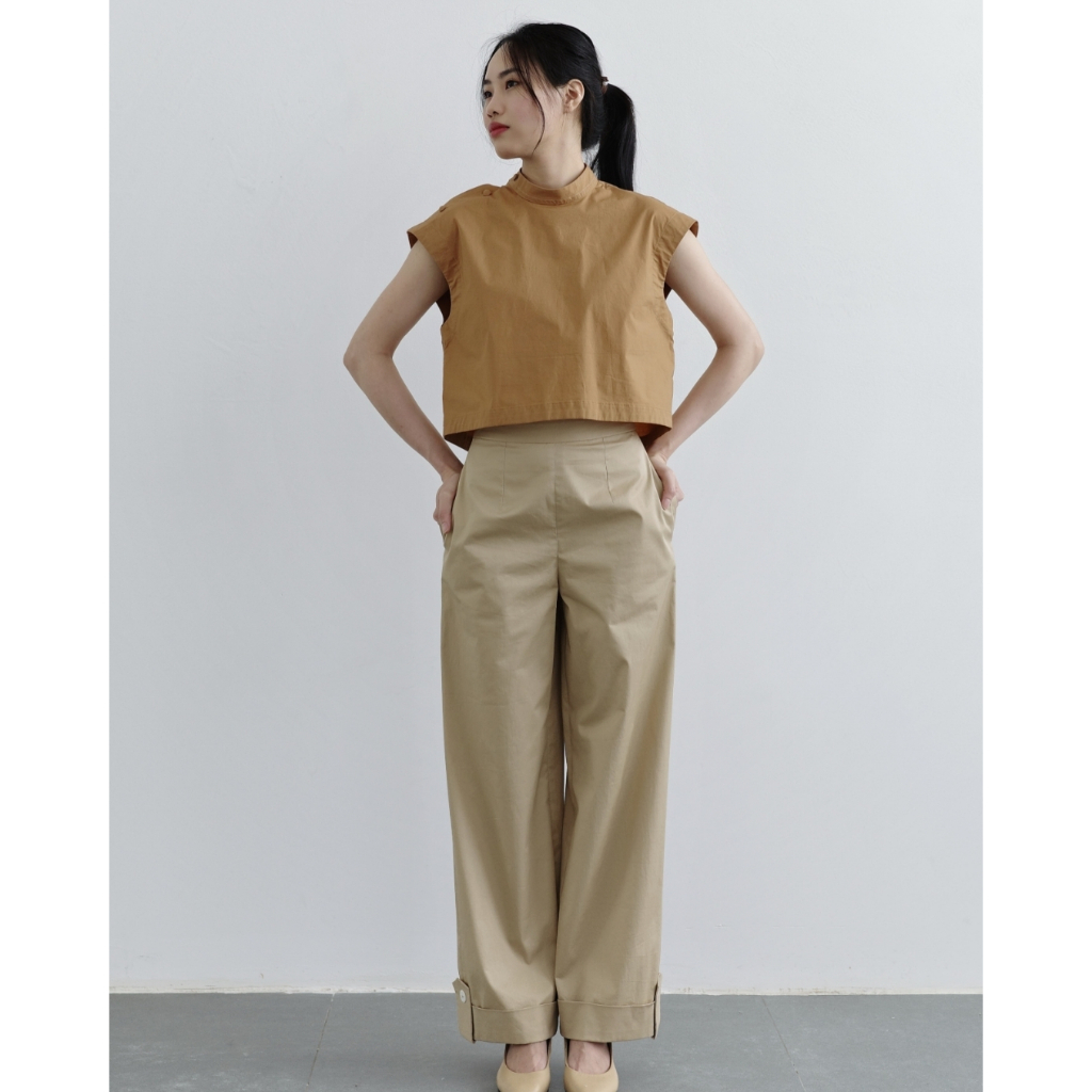 IVORYA - Quần Tây Nữ Ống Đứng Màu Be Nhạt Lai Gập To Bản - YT9925B