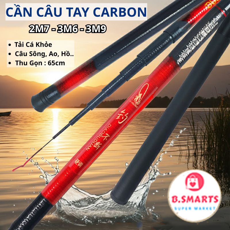 Cần Câu Cacbon Câu Đài Câu Đơn Nhẹ Tay Đủ Size 2M7 3M6 3M9, Cần Câu Tay Rút Gọn Dễ Dàng Mang Theo