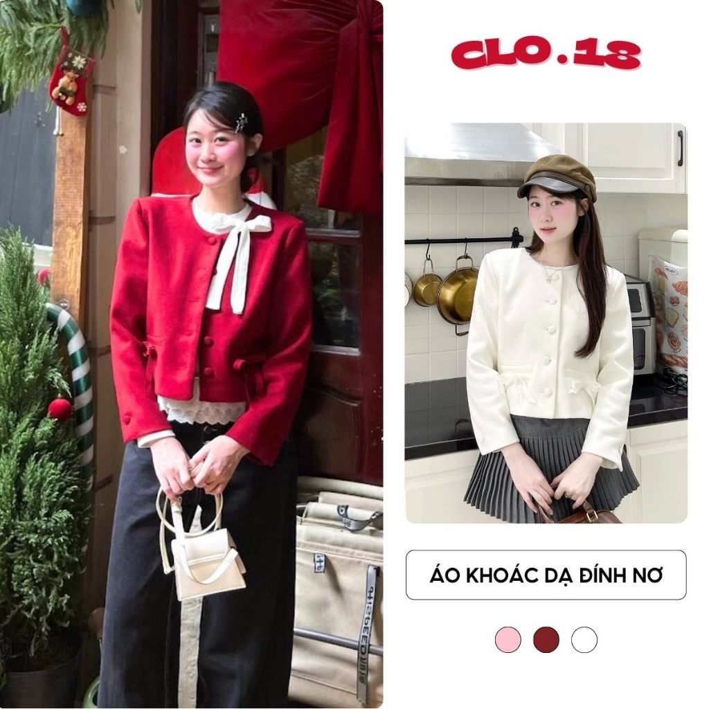 Áo khoác dạ nữ cúc bọc đính nơ, form cứng cáp túi moi giả phong cách điệu đà tiểu thư Clo35