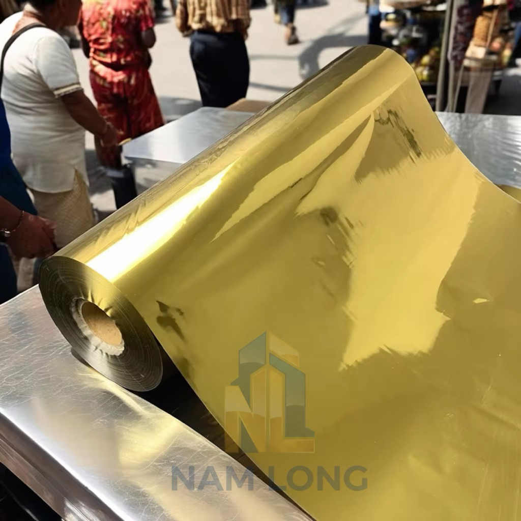 Màng Nhựa PVC Cứng Định Hình Nhũ Vàng Gương, Màng Film PVC Vàng Gương Làm Background, Lót Phản Chiếu