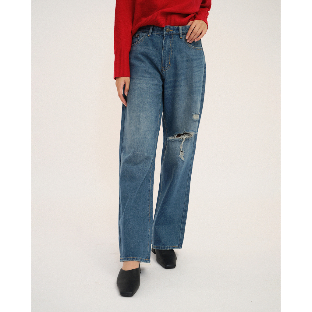 Quần Jeans Wash Xanh Rách Gối | Tears Ripped Jeans | White On Denim