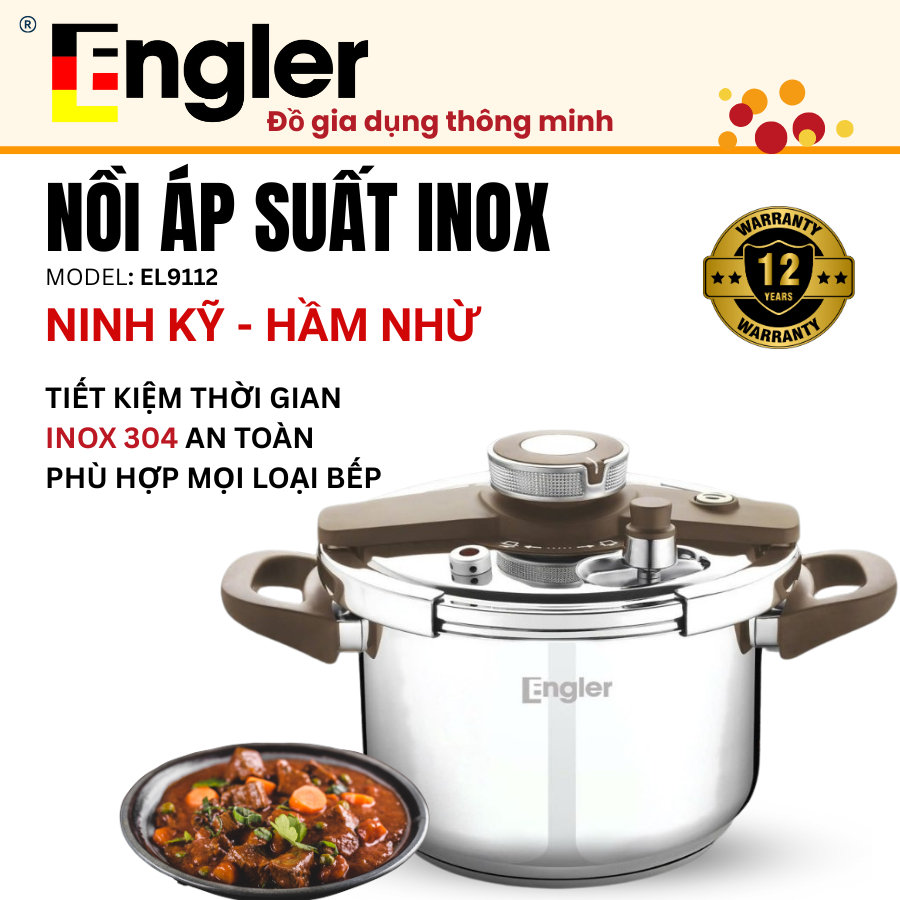 Nồi áp suất inox Engler EL9112 dung tích 6L inox 304 an toàn tuyệt đối dùng trên mọi loại bếp