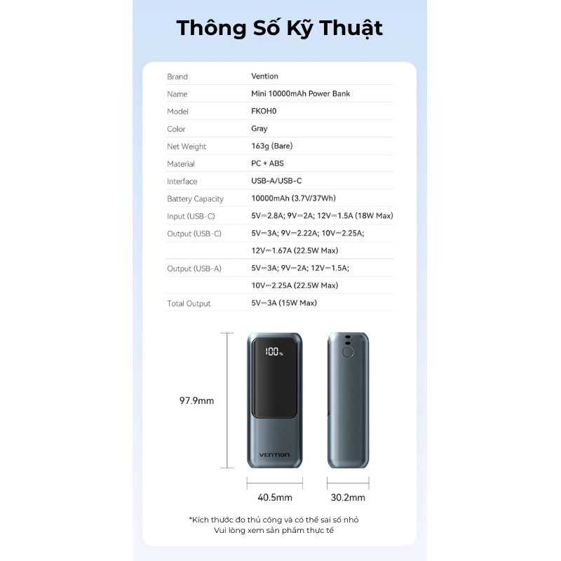 Pin Sạc Dự Phòng Mini 22.5W 10000mAh Vention Tích Hợp Dây Type C, Màn LED Hiển Thị,Hỗ Trợ Sạc Nhanh, Thiết Kế Nhỏ Gọn | BigBuy360 - bigbuy360.vn