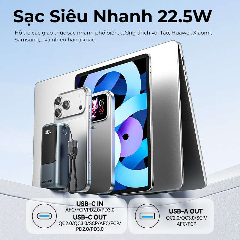 Pin Sạc Dự Phòng Mini 22.5W 10000mAh Vention Tích Hợp Dây Type C, Màn LED Hiển Thị,Hỗ Trợ Sạc Nhanh, Thiết Kế Nhỏ Gọn | BigBuy360 - bigbuy360.vn