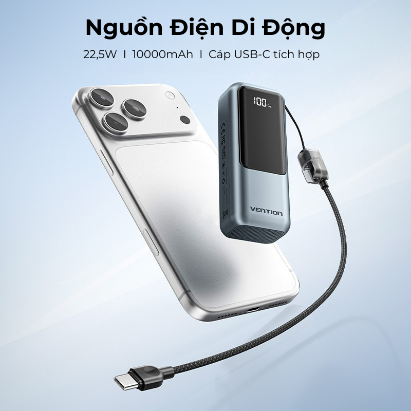 Pin Sạc Dự Phòng Mini 22.5W 10000mAh Vention Tích Hợp Dây Type C, Màn LED Hiển Thị,Hỗ Trợ Sạc Nhanh, Thiết Kế Nhỏ Gọn | BigBuy360 - bigbuy360.vn