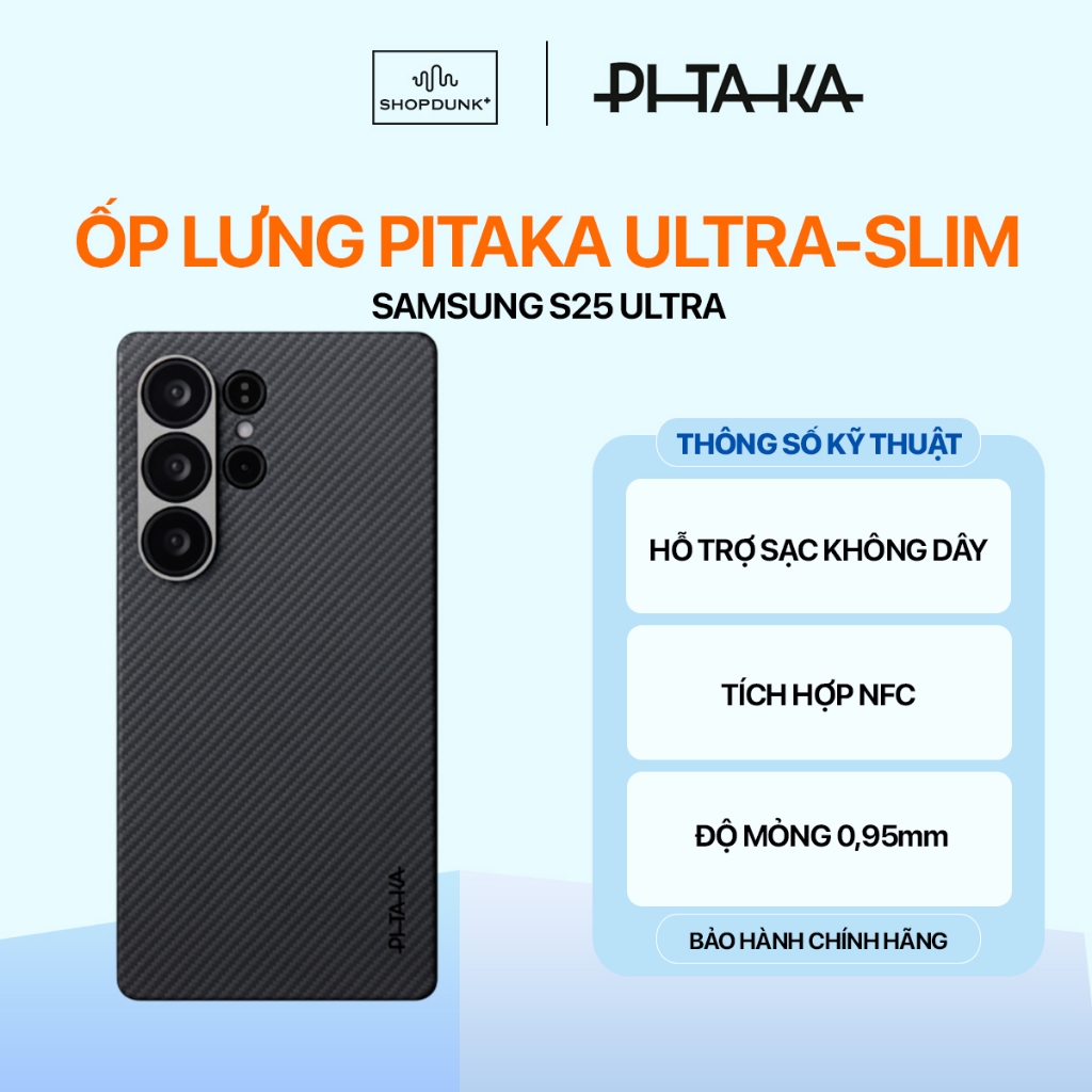 Ốp Lưng Vải Dệt Pitaka Ultra-Slim Samsung S25 Ultra (Black/Grey Twill) Hỗ Trợ Sạc Không Dây