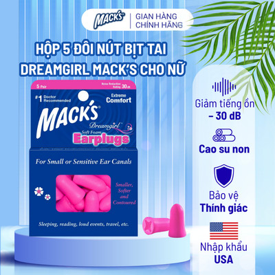 Hộp 5 đôi nút bịt tai chống ồn Mack's Dreamgirl dành cho nữ giới, cao su non siêu mềm cho giấc ngủ ngon, học tập tốt