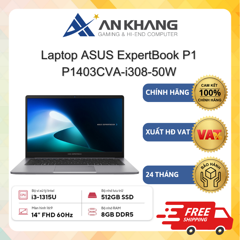 Laptop ASUS ExpertBook P1 P1403CVA-i308-50W (i3-1315U/ DDR5 8GB/ 512GB/14" FHD IPS/Win11) Chính hãng