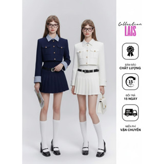  Set Áo Khoác Dài Tay Kèm Chân Váy Xếp Ly Dạ Tweed Phong Cách Tiểu Thư Sang Chảnh Hàn Quốc 