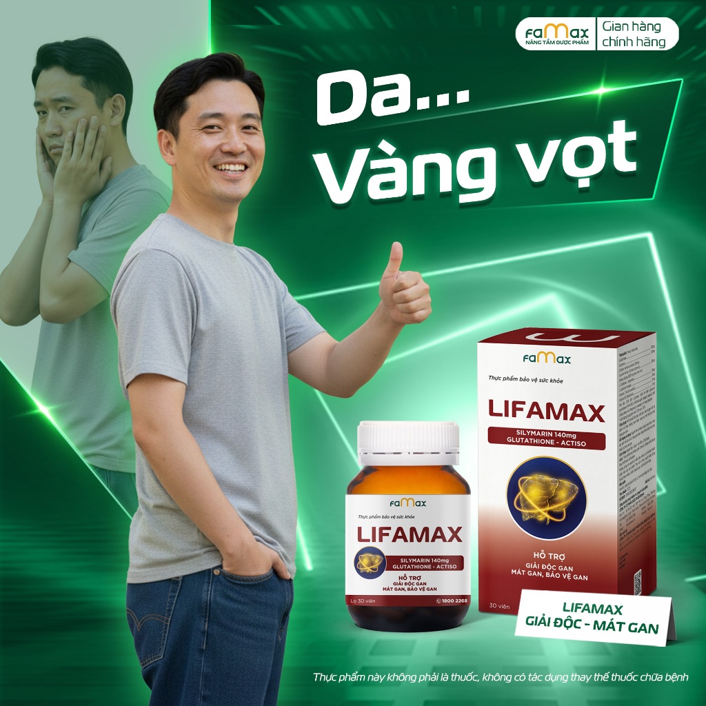 Vàng da mệt mỏi do gan kém - Uống viên giải độc gan Lifamax (Dược Famax), hộp 30 viên