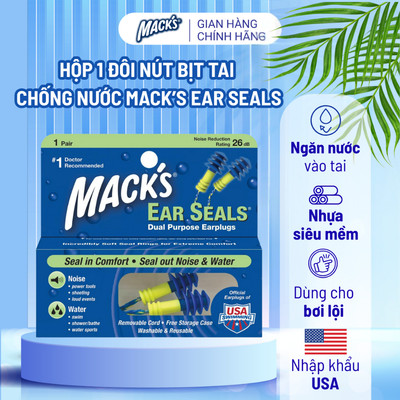 Hộp 1 đôi nút bịt tai Mack’s Ear Seals 2 chức năng Chống nước, Chống ồn cho Bơi, Tắm làm từ Nhựa siêu mềm