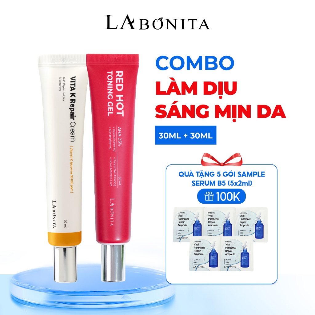 [Tặng 5 Sample Serum B5] COMBO Làm Dịu Sáng Mịn Da - Kem Vita K 30ML & Peel da Labonita Red Hot Toni