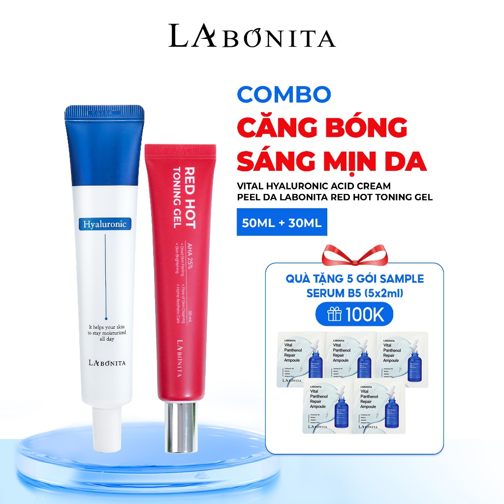 [Tặng 5 sample Serum B5] COMBO Căng Bóng Sáng Mịn Da - Kem HA 50ml  & Peel da Labonita Red Hot Tonin