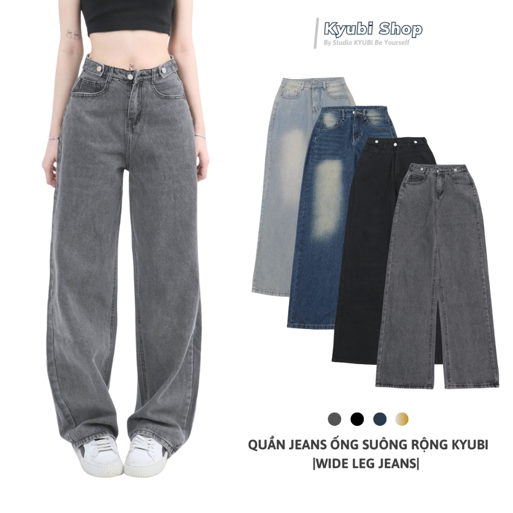 Quần jean nữ ống rộng đen xám phong cách Ulzzang School (Có Bigsize) - Quần jeans baggy suông Kyubi JC25