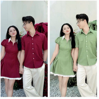   Hàng sẵn- có bigsize nam nữ   Set đồ đôi - Áo váy cặp đôi sơ mi đỏ phối viền trắng mặc giáng sinh Tết 