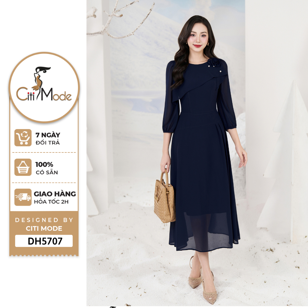 Đầm công sở CITI MODE FASHION thiết kế Đầm xòe voan tím than vạt cổ thuyền DH5707
