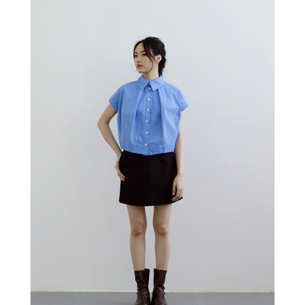 IVORYA - Áo Sơ Mi Crop-top Nữ Màu Xanh Tay Ngắn - SH9784