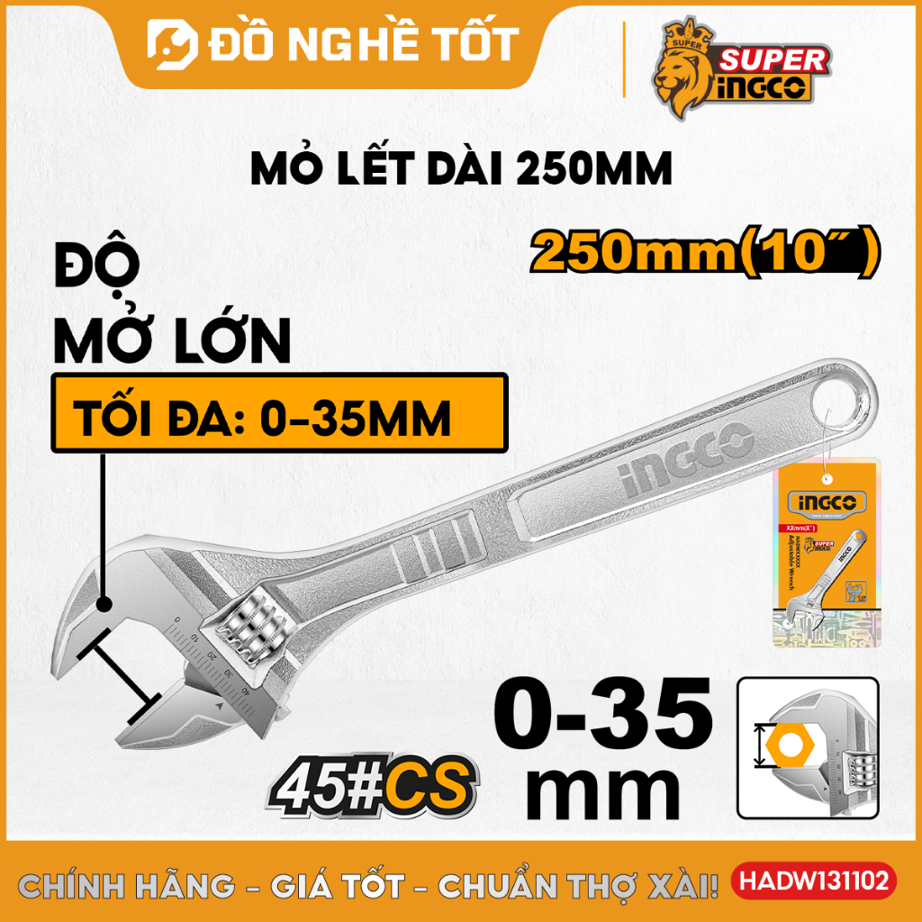 Mỏ lết dài 250mm INGCO HADW131102, vặn/mở đai ốc trong cơ khí, sữa chửa, chế tạo, bảo hành máy móc...