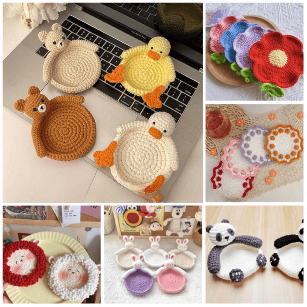 Miếng lót ly bằng len, lót ly con vịt, lót ly con thỏ, lót ly gấu