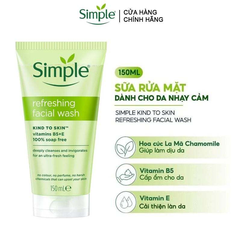 Sữa rửa mặt Simple làm sạch dịu nhẹ, giúp da sáng mịn, cấp ẩm cho mọi loại da kể cả da nhạy cảm
