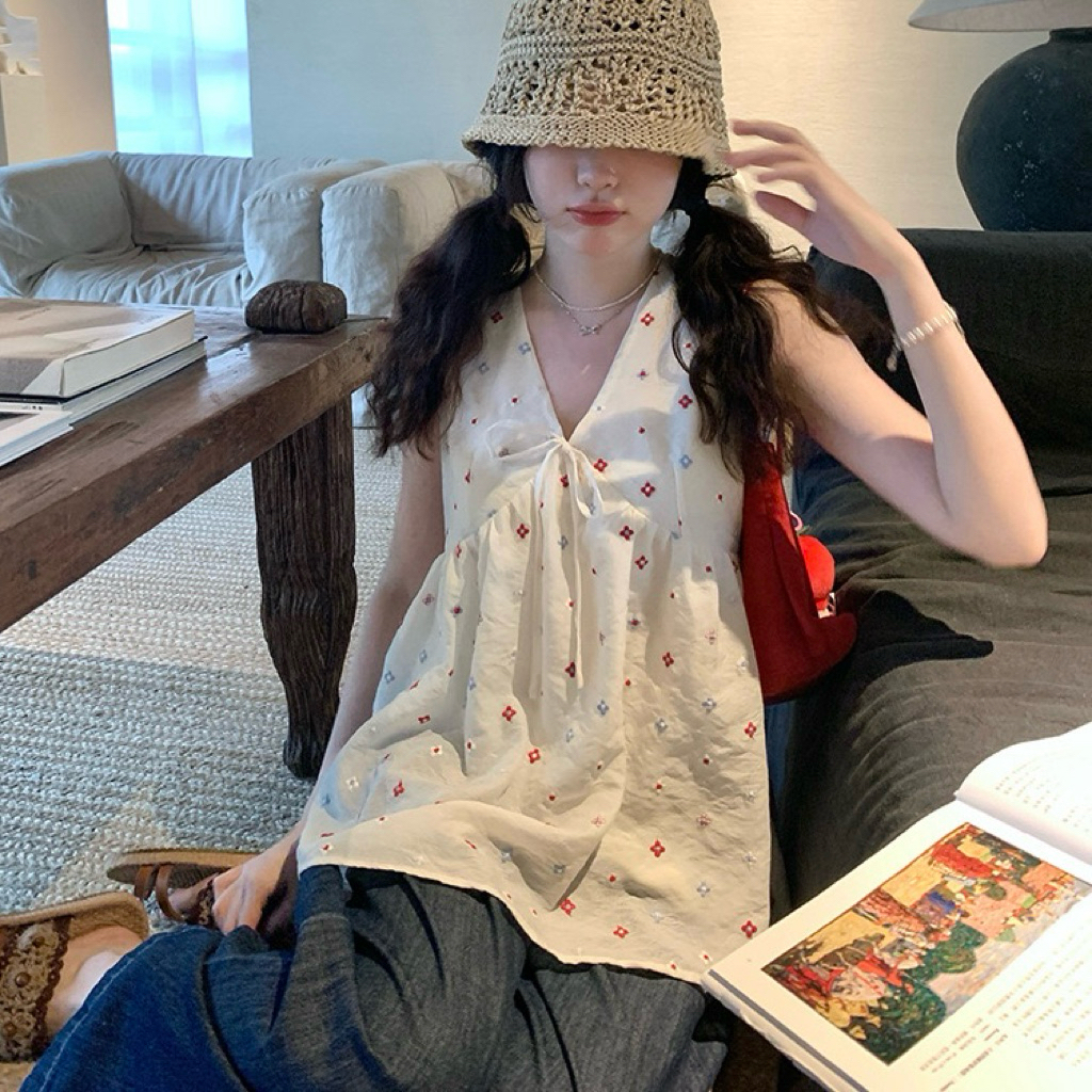 (Aheun studio) Áo babydoll nữ cổ chữ V thêu hoa vintage – Áo thô cotton