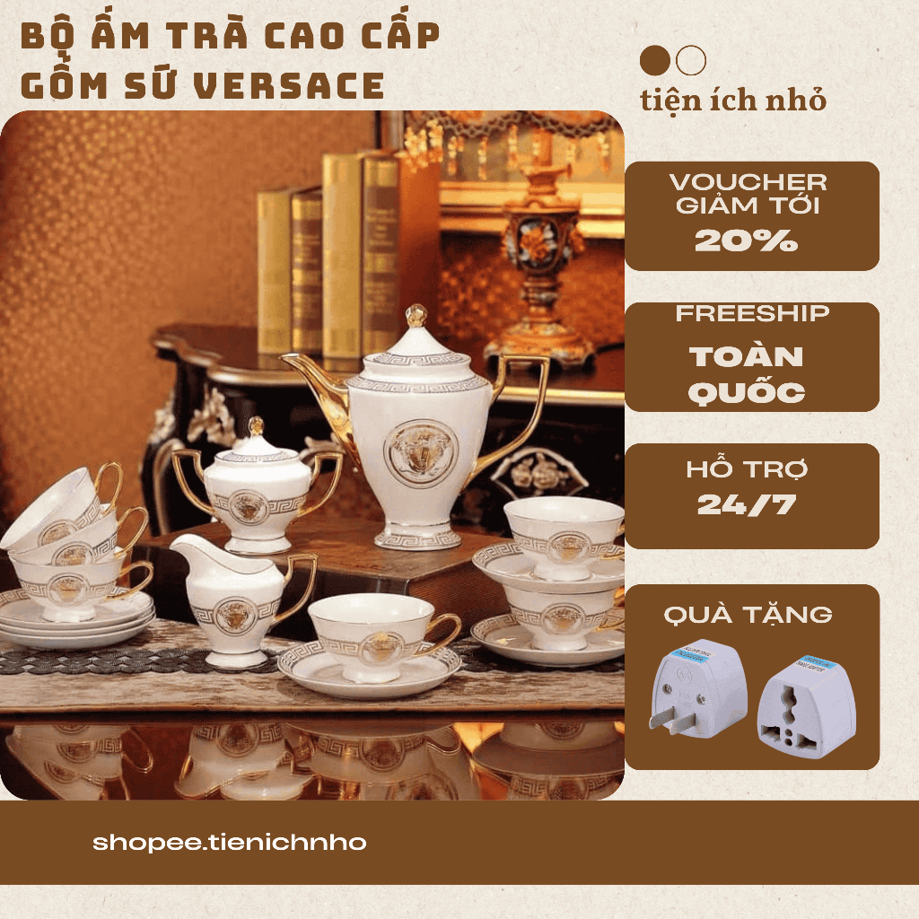 Bộ Ấm Chén Sứ Xương Cao Cấp Phong Cách Hoàng Gia, Bộ Ấm Chén VERSACE Màu Trắng Viền Vàng Quý Phái, S