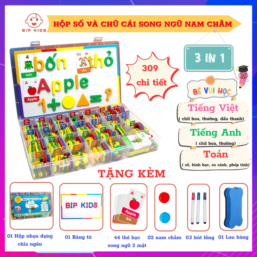 Bảng số và chữ cái nam châm song ngữ Việt - Anh, Tặng kèm bảng từ, thẻ học…