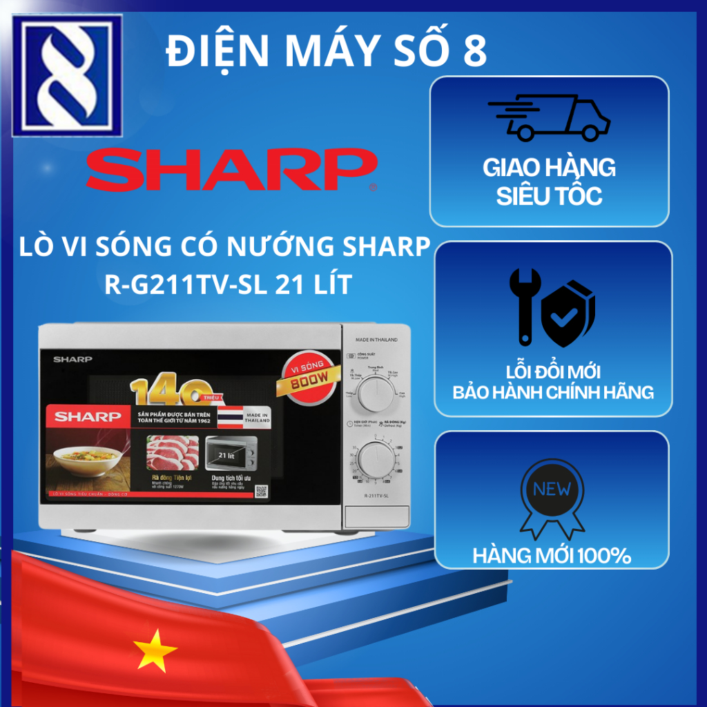 Điện Máy Số 8 | R-G211TV-SL | Lò vi sóng có nướng Sharp R-G211TV-SL 21 lít - Chính Hãng