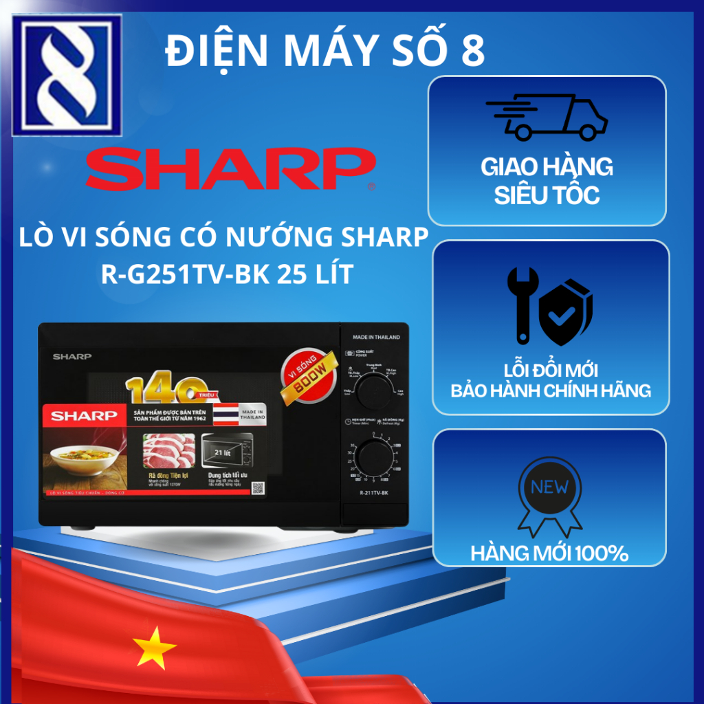Điện Máy Số 8 | R-G251TV-BK | Lò vi sóng có nướng Sharp R-G251TV-BK 25 lít - Chính Hãng