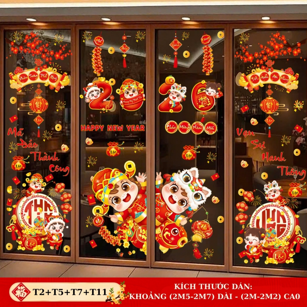 Tổng Hợp Decal dán kính Tết 2026 hít tĩnh điện không keo 2 mặt, dễ dán – Trang trí nhà, cửa hàng Đón